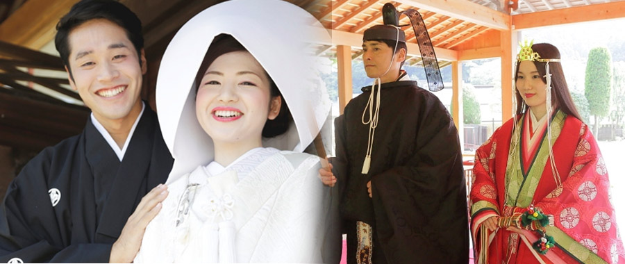 写真: 和装結婚式（神社拝殿内、十二単、白無垢、花嫁、花婿の写真）