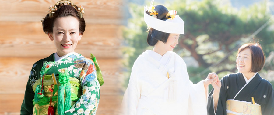 写真: 和装結婚式（神社の巫女、花嫁、花婿、日本髪の写真）